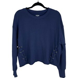Aerie Woman's Navy Lace Up Sides Long Sleeve Cropped Sweatshirt Pullover size M